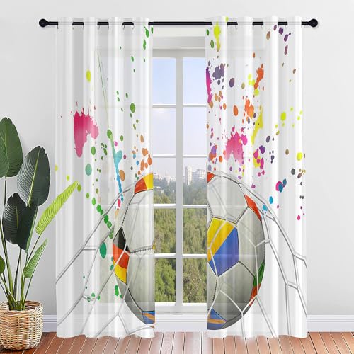 FANSU Lot de 2 Rideau Voile Rideau Voilage Imprimé Foot Ball, Translucides Rideaux pour Salon Coucher Voilage Fenetre Moderne Panneaux de Rideaux Intérieurs (132x213cm,Foot Ball 4)