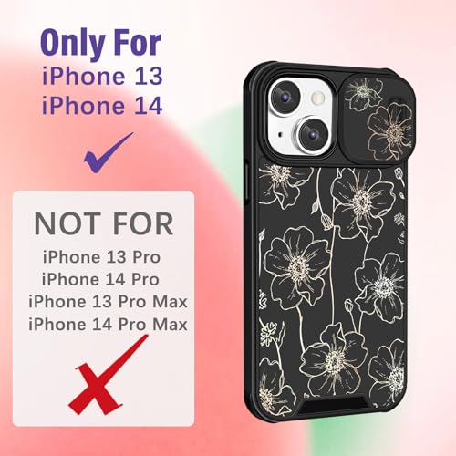 Image of Funermei for iPhone 13 /for iPhone 14 Case - Women Girls Cute Phone Cover Girly Pretty Aesthetic Black Floral Flower Unique Design with Camera Cover Funda for Apple for iPhone 13 /for iPhone 14