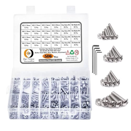 Image of Epi-Torque; The Epic Torque #Doityourself Stainless Steel 202 Grade Button Head Internal Hex Cap Bolt M3 M4 M5 M6 Thread 10-20 mm Screw Assortment Hex Nuts, Flat Plain Washer Allen Key -516 Pcs