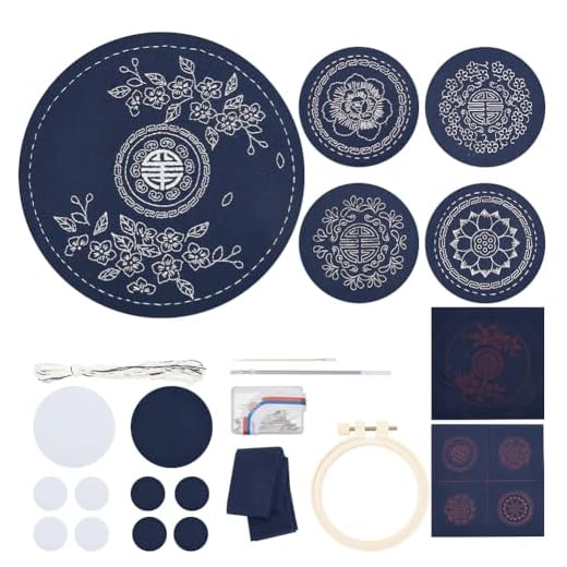 WEBEEDY 5 kit Sashiko DIY, 1 sets de Tapis à Thé Sashiko et 4 sets de Dessous de Verre Sashiko,Fil et Aiguilles Sashiko,Kit de Broderie,Kit de Fabrication de Dessous de Verre pour Adultes Débutants