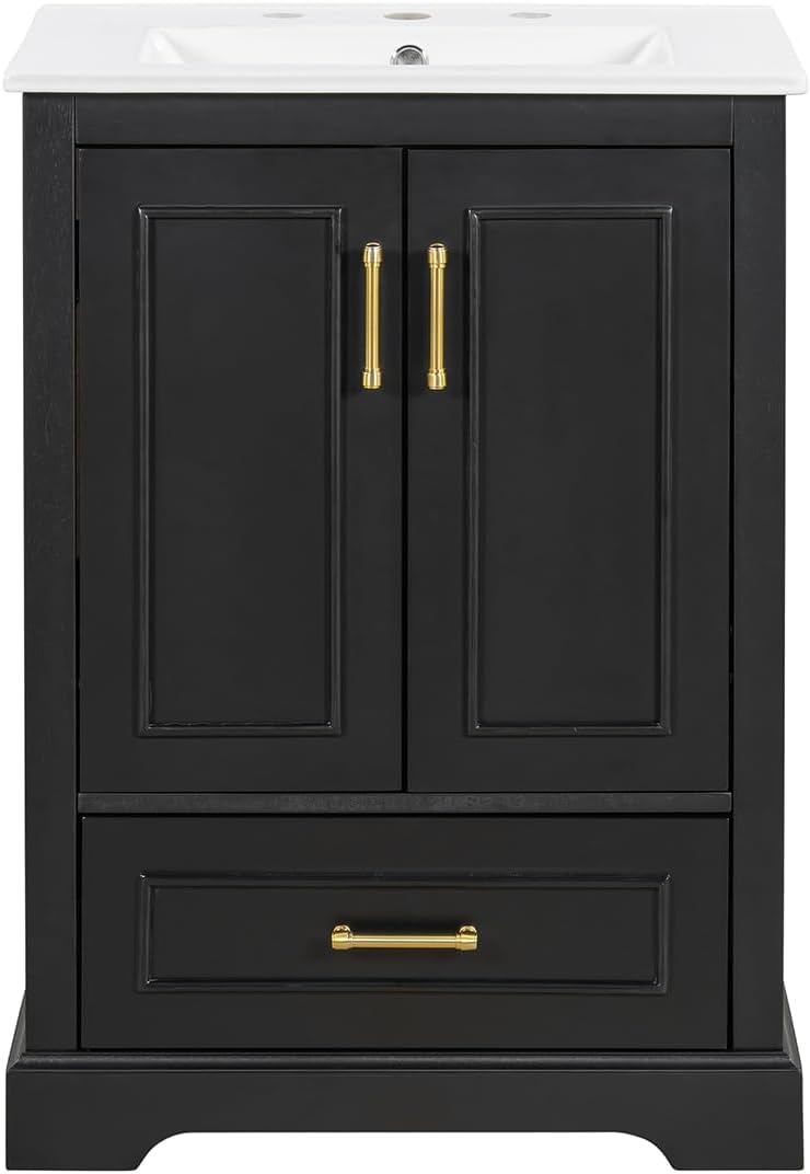 24" Black Freestanding Bathroom Vanity - Solid Wood Frame with Ceramic Sink, 1 Divided Drawer & 2 Soft-Close Doors (Dual Door Racks)
