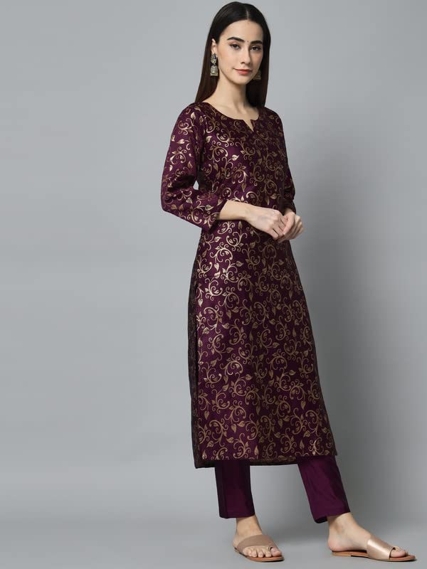 Image of VredeVogel Women's Cotton Silk Jacquard Kurta Pant Set with Banarasi Woven Self Designed Dupatta