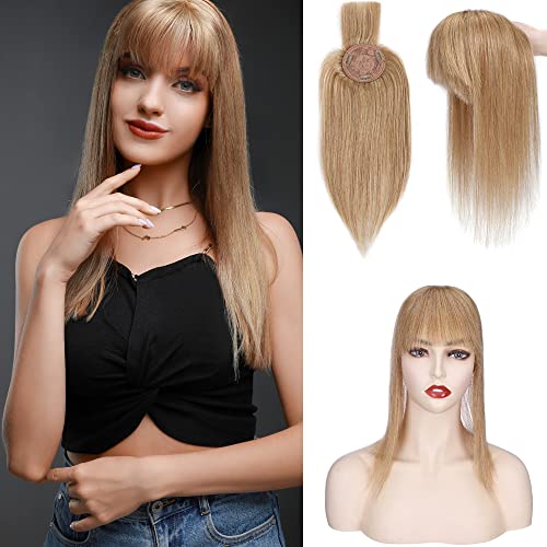 SEGO Human Hair Toppers With Bangs 150% Density Mono Base Clip in Topper Top Hairpieces Hand Tied Hair Toupee Wiglet for Women 14 Inch 27#Dark Blonde