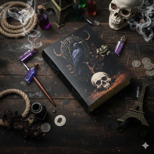 Journal gothique en cuir avec tête de mort de corbeau, cadeau de sorcière