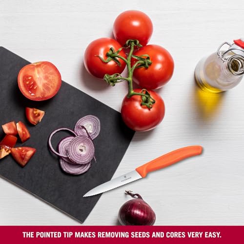 Image of Victorinox Swiss Made Stainless Steel Swiss Classic Paring Knife, 10 cm, Serrated Edge with Pointed Tip, Professional and Household Kitchen Tools, Kitchen Items, Orange, 6.7739.C1 | Multipurpose Knife