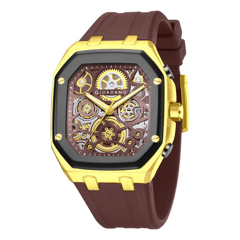 Image of Giordano Analog Quartz Watch for Men with Octagonal Skeleton Dial, Exposed Gear Design, Date Display and Silicone Strap - GZ-50221