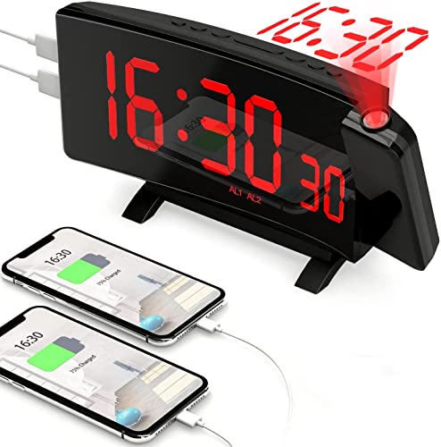 Peyou Projection Alarm Clock For Bedroom With [5 Dimmer], Digital Clock 7" Led Display, 2 Usb Chargers, 180° Rotable Projector, Snooze, Bedside Loud Dual Alarm Clock For Heavy Sleepers Adults Kids #TOP23