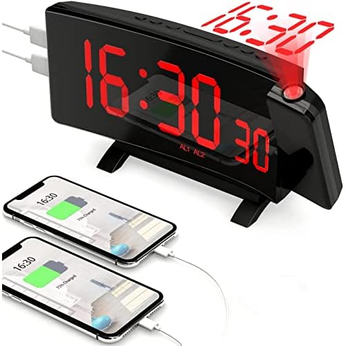 Projection Alarm Clock for Bedroom with [5 Dimmer], PEYOU Digital Clock 7" LED Display, 2 USB Chargers, 180° Rotable Projector, Snooze, Bedside Loud Dual Alarm Clock for Heavy Sleepers Adults Kids