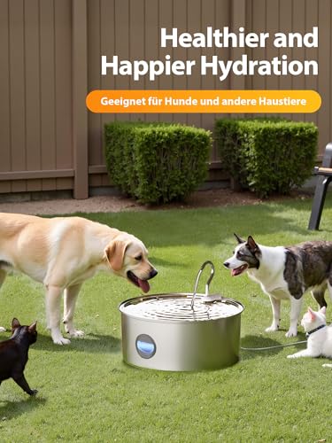 Kittyspout 8L Trinkbrunnen für Hunde, Edelstahl Wasserspender mit großem Sichtfenster und 3 Filtern, Ultra-leise Pumpe, Ideal für große Hunde und mehrere Katzen