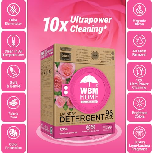 Image of WBM Home 10-in-1 Laundry Pods, Total 96 Count, Ultra Concentrate with Powerful Stain Lifter Technology, Fabric Softener With Rose Extracts, Detergent Pods