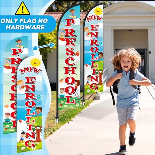 2 Pcs Now Enrolling Day Care Feather Flag 2. 5 ft x 12 ft Preschool Advertising Flags Weatherproof Polyester Now Open Banner Marketing Sign for Schools Child Care Business Advertising