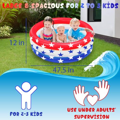 47.5" X 12" Inflatable Kiddie Pool, 2PACK American Flag Swimming Pool, 3 Ring Summer Swimming Pools for Toddler Kids Outdoor Garden Backyard Water Party, Age 3+ - Thumbnail 3