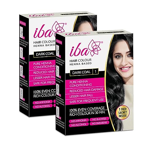Image of Iba Hair Colour for Women - Dark Coal, 70g (Pack of 2) | 100% Pure Henna Based Powder Sachet | Natural Hair Colour & Long Lasting with Conditioning Formula | Reduced Hair Fall & Hair Damage | Shine & Nourish Hair | Free from Ammonia and Other Harmful Chemicals | Herbal Hair Powder for Hair Color | Black Henna