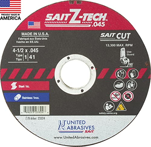 United Abrasives-Sait 23324 Type 1 4-1/2-Inch X .045-Inch X 7/8-Inch 13300 Max Rpm Z-Tech - High Performance Cut-Off Wheels, 50-Pack #TOP5