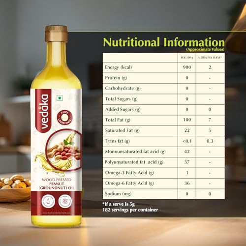 Image of Amazon Brand - Vedaka Wood Pressed Peanut Oil 1L | Cooking Oil | Groundnut Oil | Kolhu, Kacchi Ghani, Mara Chekku, Ganuga | Rich Aroma & Flavour Of Groundnuts