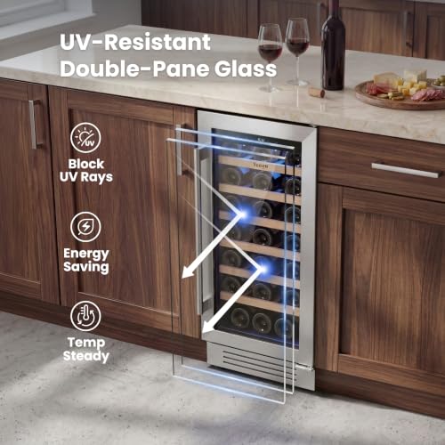 Image of Yeego 15 Inch Wine Fridge - 33 Bottles Wine Cooler with Glass Door, 40-65F Built in Under Counter Freestanding Wine Refrigerator with Adjustable Shelves for Home Bar Office Kitchen
