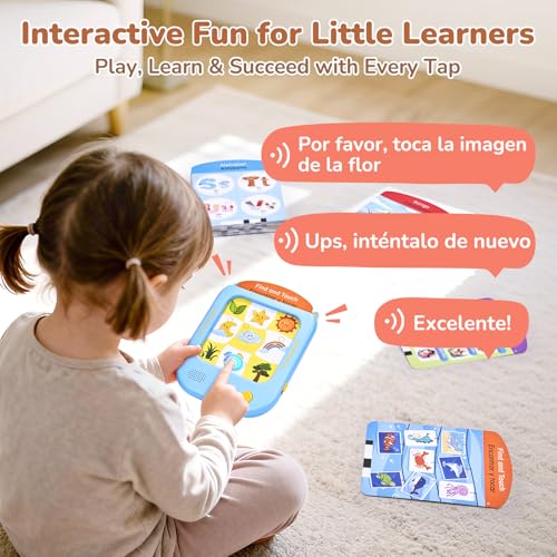 Image of JoyCat Bilingual Kids Learning Tablet, 106 Pages Spanish & English Talking Cards with 20 Interactive Games, Montessori Toy for Alphabet, Words, Numbers, Colors & Songs, Learning Gifts for Toddler 2-6