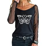 Chemise Famme A Manches Longues Tops Date d'anniversaire Chemise Femme Col Bateau Cintree Mode Grandes Tailles Léger Transparente Lace FêTe des MèRes Butterfly