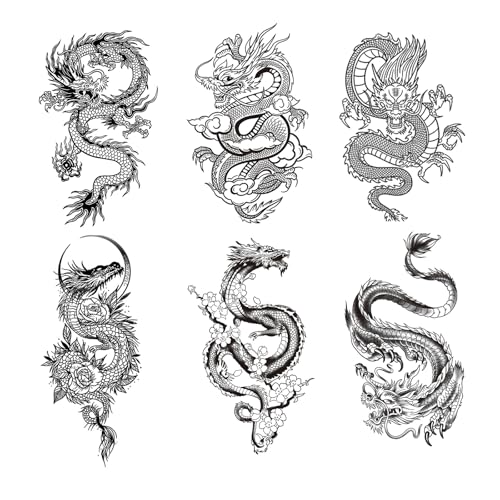 Qiwenr 6 Feuilles Tatouage Temporaire de Dragon, Tatouages ​​Dragon Noir pour Homme Femme, Tattoo Temporaire, pour Halloween, Cosplay, Fêtes, Pâques,...