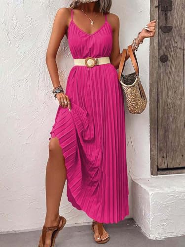 Image of Women's Summer Casual V Neck Sleeveless Strappy Pleated Flowy Loose Maxi Long Beach Dress