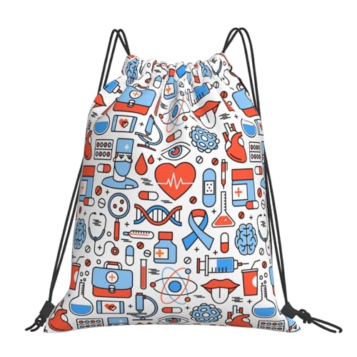 Ligero Mochila Cordónes Tema médico de enfermería Deporte Bolso de Gimnasia Unisex Bolsas Cordon de Gimnasio para Nadar Hombre Mujer 36X42cm
