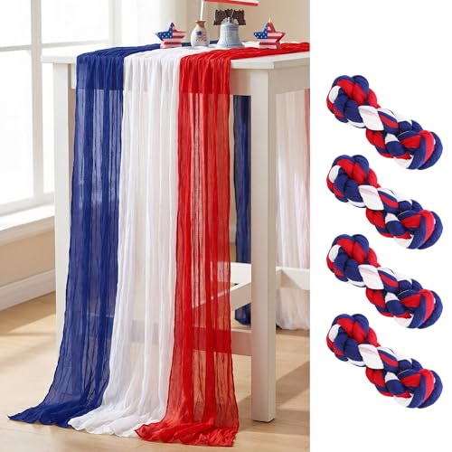 RunNico 4 PCS Patriotic Cheese Cloth Table Runner, 120 x 38 Inch 4th of July Sheer Fabric Table Runner, Red White and Blue Gauze Tables Decor for Independence Memorial Day Party Indoor Outdoor Decor