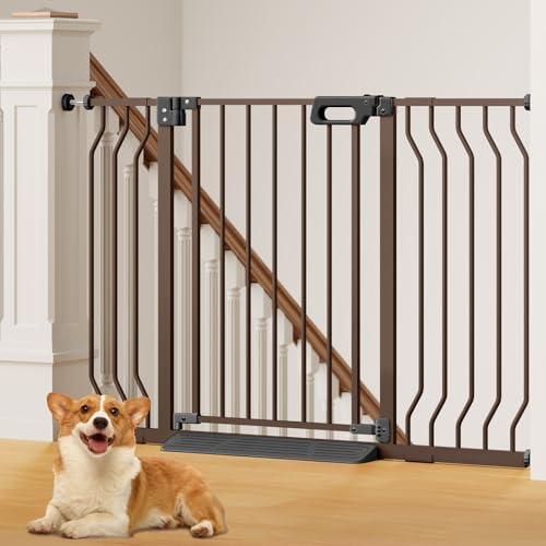 Mom's Choice-GROWNSY Baby Gate for Stairs, 29.5"-48.4" Pressure Mounted Baby Gate for Top of Stair&Doorway with V-Shaped Rods, Anti-Trip Pedal,Wide Stairs Dog Gate Easy Install w/Red Reminde