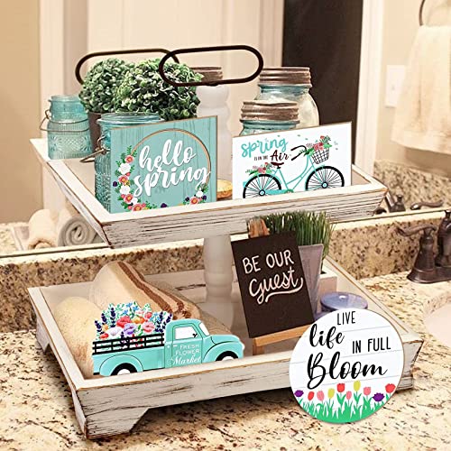 4/5/7 Pieces Tiered Tray Decor Wooden Tiered Tray Decor Items Mini Rustic Farm Decorations Mini Signs for St. Patrick's Day/Easter/Honey Bee Festival/Home/Spring Summer/Holiday Decor (Hello Spring A)