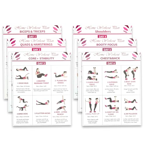 6-Pack Dumbbell Workout Posters for Beginners | Home Fitness Plan with Daily Exercise Routines for Weight Loss & Muscle Tone Strength & Flexibility | Cycle Through Daily Guided Workouts | 8x10 Inch Charts (Red)