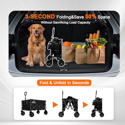 Image of Collapsible Folding Wagon Cart, 350LBS Utility Large Capacity Cart Foldable Wagon with All Terrain Wheels, Grocery Wagons Carts for Garden Shopping Sports Camping, Black