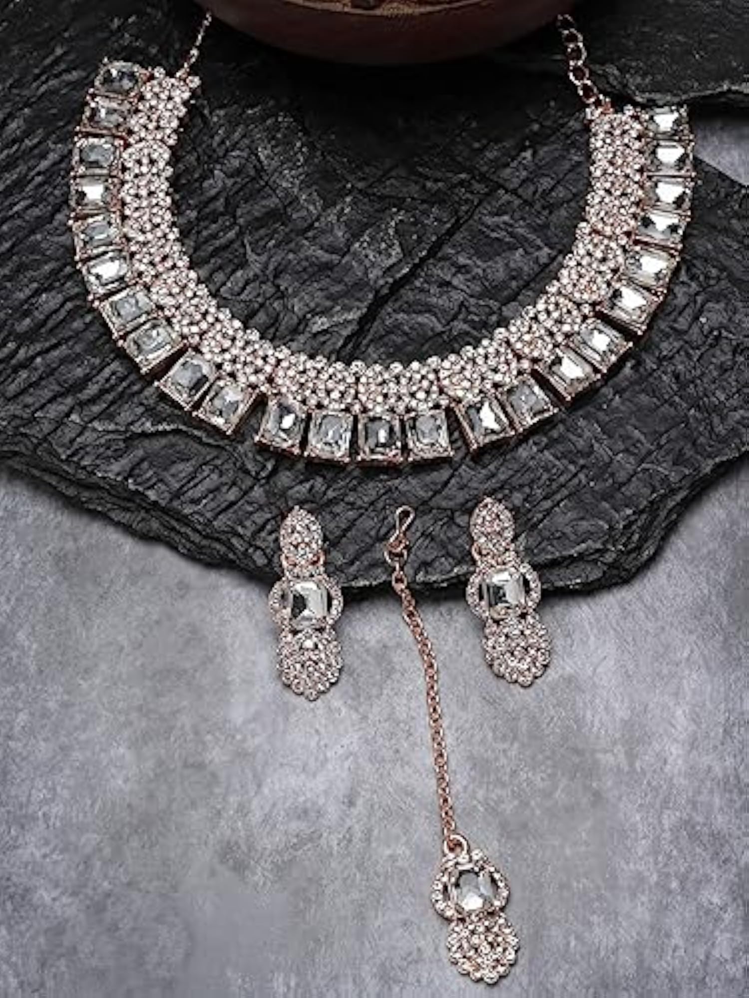 AD Stones Collar Bone Necklace Set With Earring And Maangtika