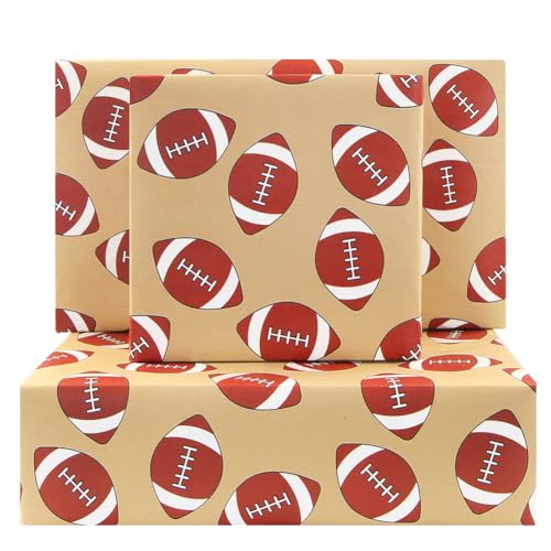 Papel de regalo de pelota de rugby, 4 hojas de papel de regalo de fútbol para hombres, niños y niños, 50 x 70 cm, papel de regalo de rugby deportivo marrón para eventos deportivos, bodas, fiestas de