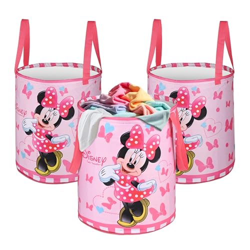 Image of Urbane Home Pack of 3 Foldable Dirty Clothes 45L Laundry Basket With Handles | Baby Unwashed Dress Bin /Storage Box | Disney Minnie - Pink