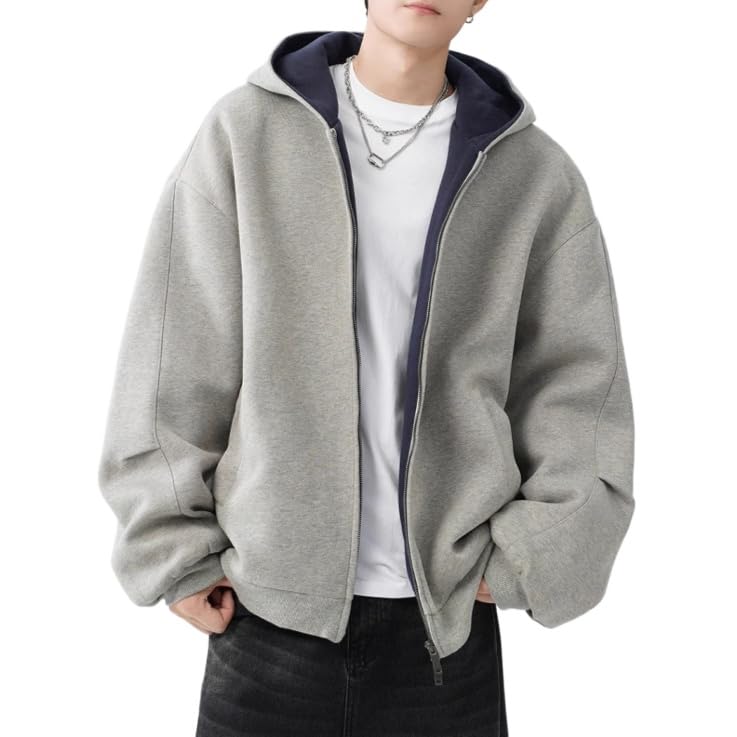 Mens Double Zip Up Hoodie Cardigan Vintage Oversized Heavyweight Cotton Zipper Hoodie Sweatshirts with Pocket