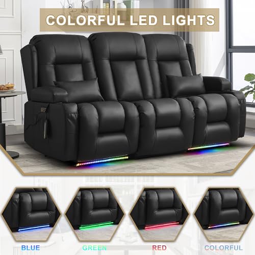 Image of URRED Power Loveseat Recliner Sofa with Massage and Heat, Wall Hugger Reclining Loveseat with Console, RV Couch Home Theater Seating with LED Lights for Living Room (Black, 76.8 inch - 3 Seats)