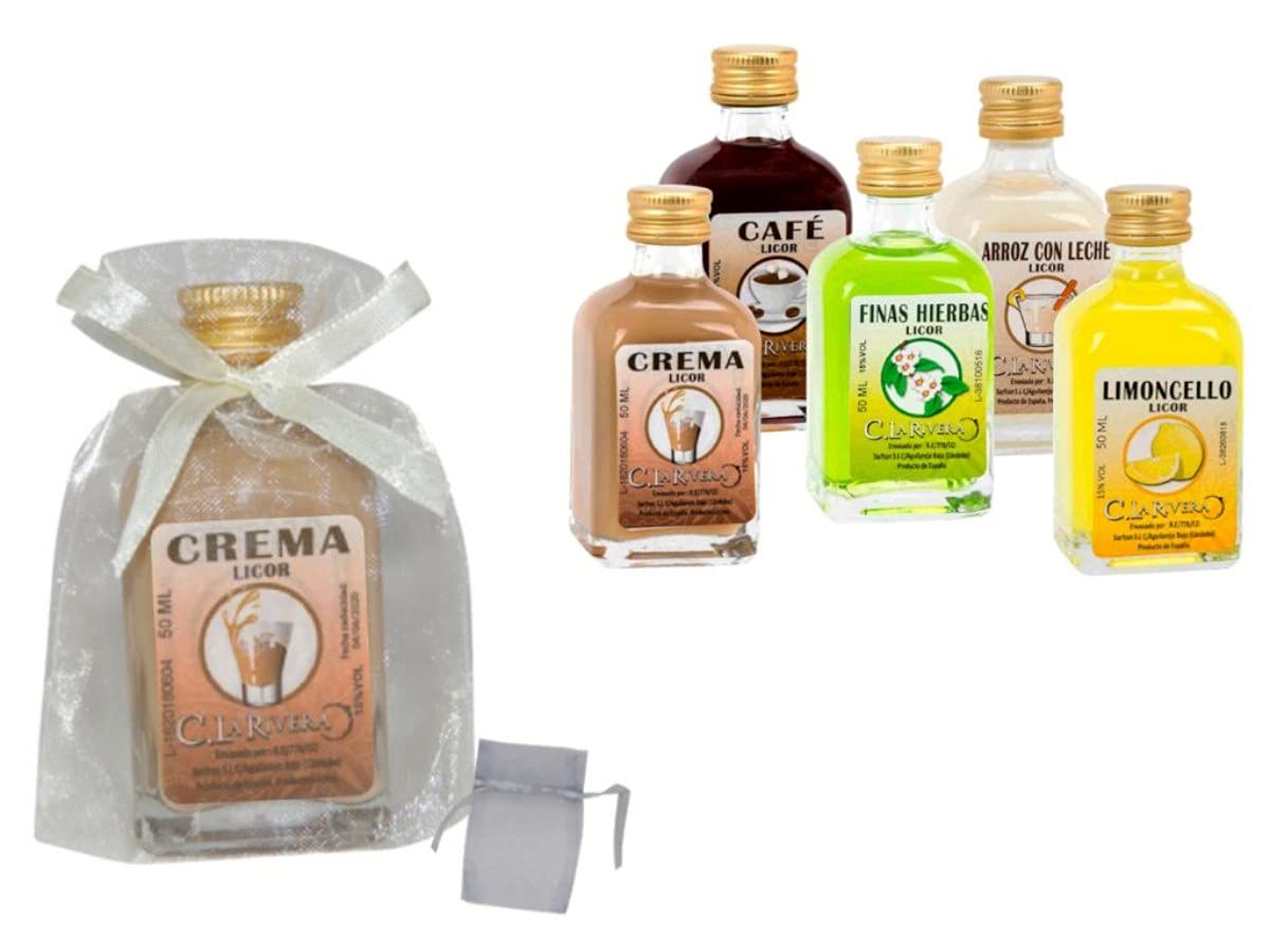 Lote de 20 Botellas de Licor"La Rivera" Sabores A ELEGIR en Bolsas de Tull Lisas. Regalos. Detalles de Bodas, Comuniones, Bautizos, Cumpleaños y Eventos. (SURTIDAS)