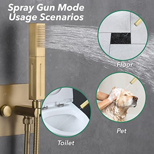 Vanfoxle Shower Faucet Set Brushed Gold Shower System,Push Button Diverter Shower Faucet With 2 In 1 Handheld,Ceiling Mount 16 Inch Shower Head(Rough-In Valve Body And Trim) #TOP4