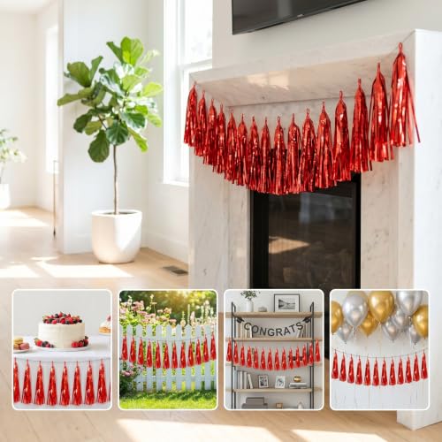 Image of 4P Red Foil Fringe Metallic Tassel Streamers Banner Tassel Garland for Parade Floats, Bachelorette, Wedding, Birthday, Halloween, Christmas, Bridal /Baby Shower Party Decorations