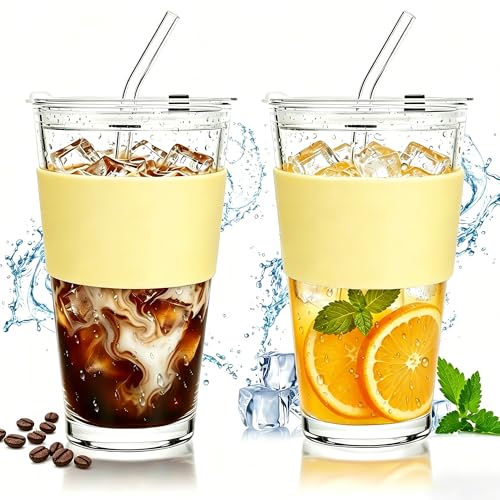 Image of Birity 16oz Glass Cup with Lid and Glass Straw,Set of 2 Thickened Glass Coffee Tumblers with Silicone Sleeve,Reusable Iced Coffee Cups for Smoothie、Soda Water、Juice、MilkSshake、Travel Cup