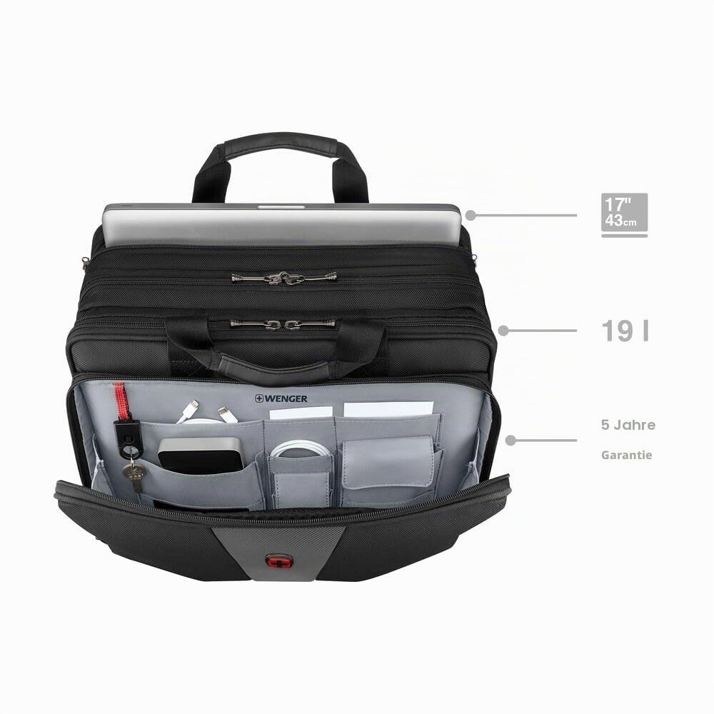 WENGER Legacy 17 Laptop-Tasche zum Umhängen, Notebook bis 17 Zoll, Aktentasche, Organizer, 26 l, Damen Herren, Büro Business-Reisen Uni, Schwarz/Grau, 600655