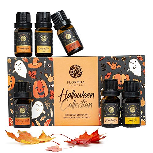 Florona Halloween Premium Quality Fragrance Oil Gift Set of 6 - 1 fl oz (10 ml x 6) for Diffuser Aromatherapy- Autumn Wreath, Pumpkin Pie, Candy Corn, Marshmallow, Night Air, Caramel Corn Fall Scents