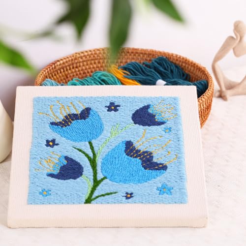 Image of Allazone Punch Needle Starter Kit, Punch Needle Embroidery Kit Frame, Square Fabric with Flower Pattern, Hoop, Yarns (Blue)
