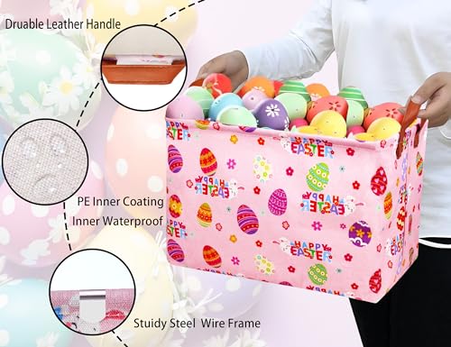Image of Large Rectangular Easter Baskets Empty Waterproof Boy Toy Box Foldable Kid's Gifts Storage Bin Spring Room Decor(HAPPY Pink Rabbit Egg)