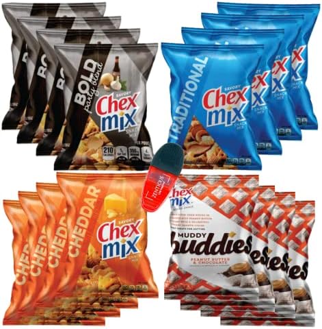 Chex Mix Snack Packs Variety Pack Of 16 - 1.75 Oz Bags of Chex Mix Traditional, Chex Mix Cheddar, Bold Chex Mix, Honey Chex Mix And Muddy Buddy Chex Mix Bundled With A Zentious Power Clip