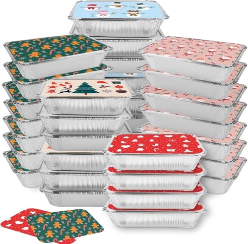 36 Pcs Christmas Foil Containers with Lid Covers, Winter Christmas Theme Disposable Aluminum Foil, Christmas Cookie Jars Baking Pan Cake Pan Food Foil Pans, Xmas Party Leftovers Food Storage Tin Pans by Hooutky - Used condition - US$15.83