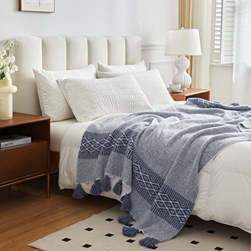 Periwinkle Purple Knit Throw Blanket With Pom Fringes, Modern Farmhouse Home Decor Soft Lightweight Cable Knit Throw Blanket For Couch Sofa Bed Baby Nursery, 51" X 63" Size Oeko-Tex Certified #TOP5