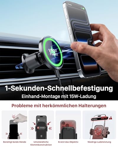 YOSH für MagSafe Autohalterung mit Ladefunktion, [verlängerter Metall-Doppelhaken & N56 Magnete], 15W Schnellladen, magnetische Handyhalterung Auto für MagSafe, für iPhone 12-17 Samsung & Pixel