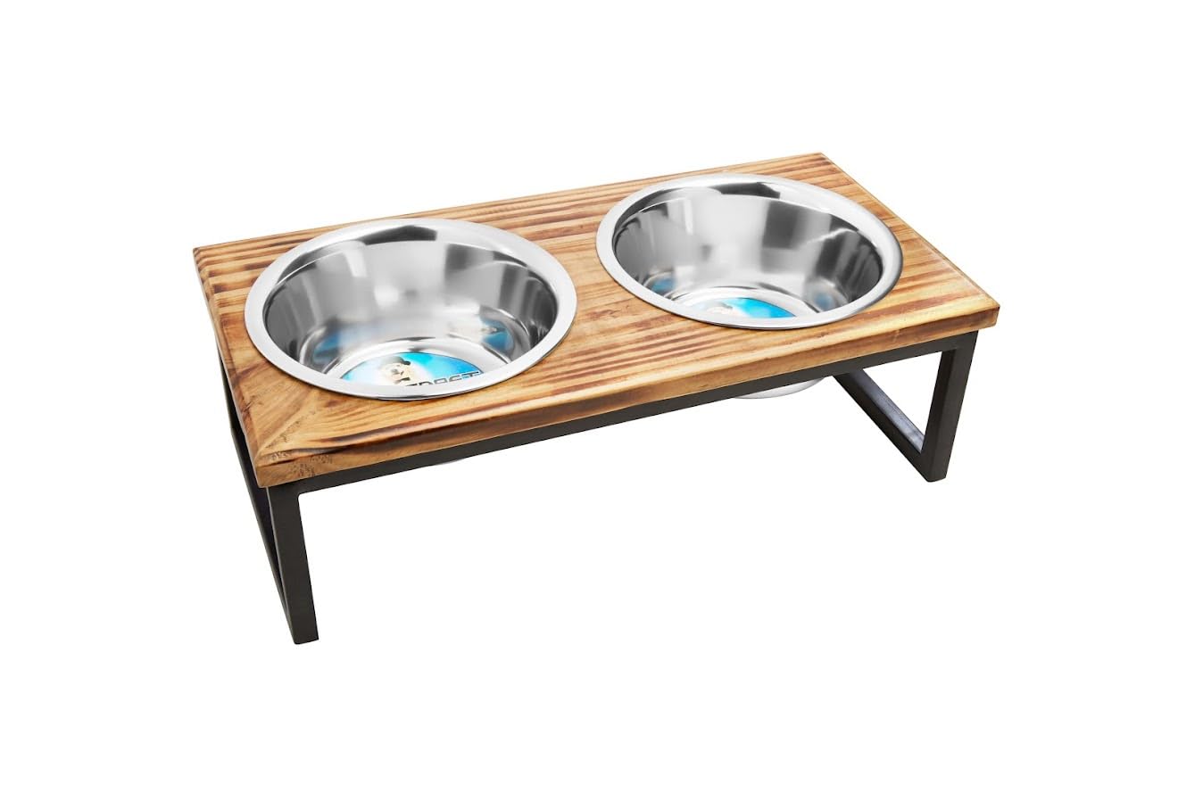 Indipets Elevated Dog/Cat Feeder with Bowls // Solid Wood Stand with Two Removable Stainless Steel Bowls // for Cats and Small, Medium, Large Size Dogs (Medium)