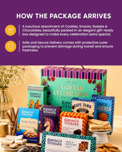 Image of HyperFoods Rakhi Gift Hamper for Bhaiya Bhabhi A Grand Celebration Box Rakhi with Kaju Katli, Chocolate, Wafer Rolls, Nuts & Date Bar,Cookies, cheese cracker snacks Dragees Sweets Gift Pack Chocolate Gift Pack Bhaiya Bhabhi Rakhi Gift Pack