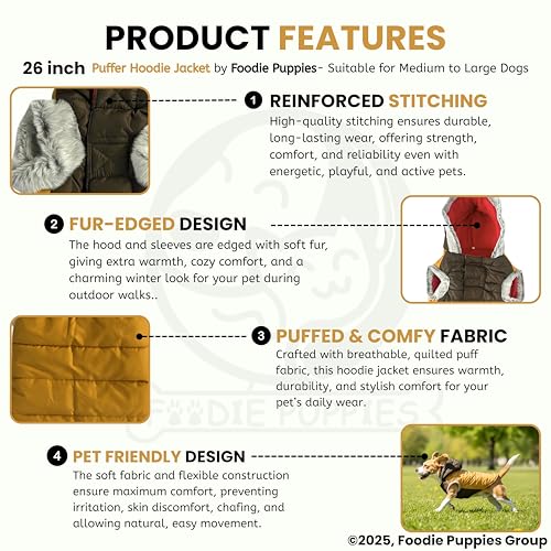 Image of Foodie Puppies Dog Puffer Hoodie Warm Winter Jacket - (Yellow Olive, 26 Inch) for Medium to Large Dogs | Ultra Warm Waterproof & Windproof Fur Coat | Washable Pet Vest Apparel for Cold Weather